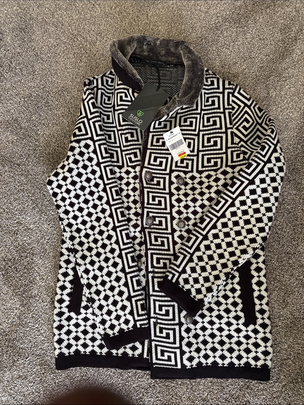 Geometric Black & White Knit Cardigan Sweater